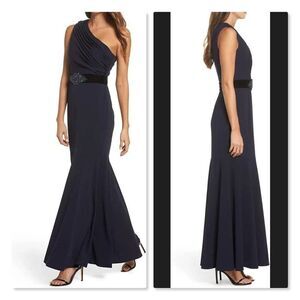 Eliza J Belted One Shoulder Fit & Flare Gown - size 8 in Blue